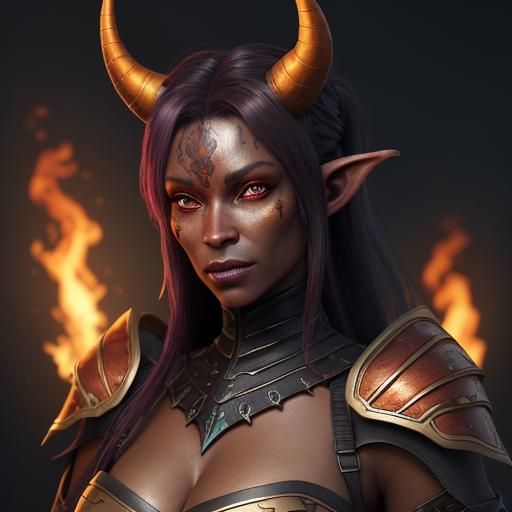 Tiefling Rogue Assassin in Fire-Lit Cavern