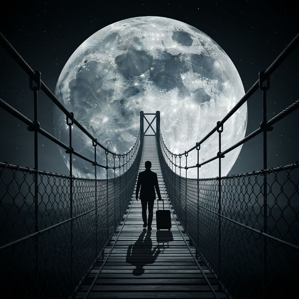 Surreal Traveler Approaches Giant Moon on Suspension Bridge