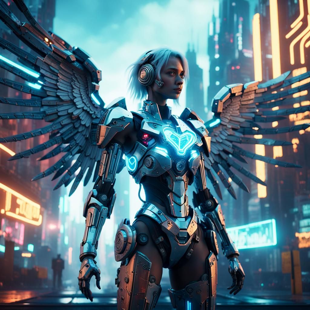 Cyberpunk Angel with Mechanical Heart in Neon City
