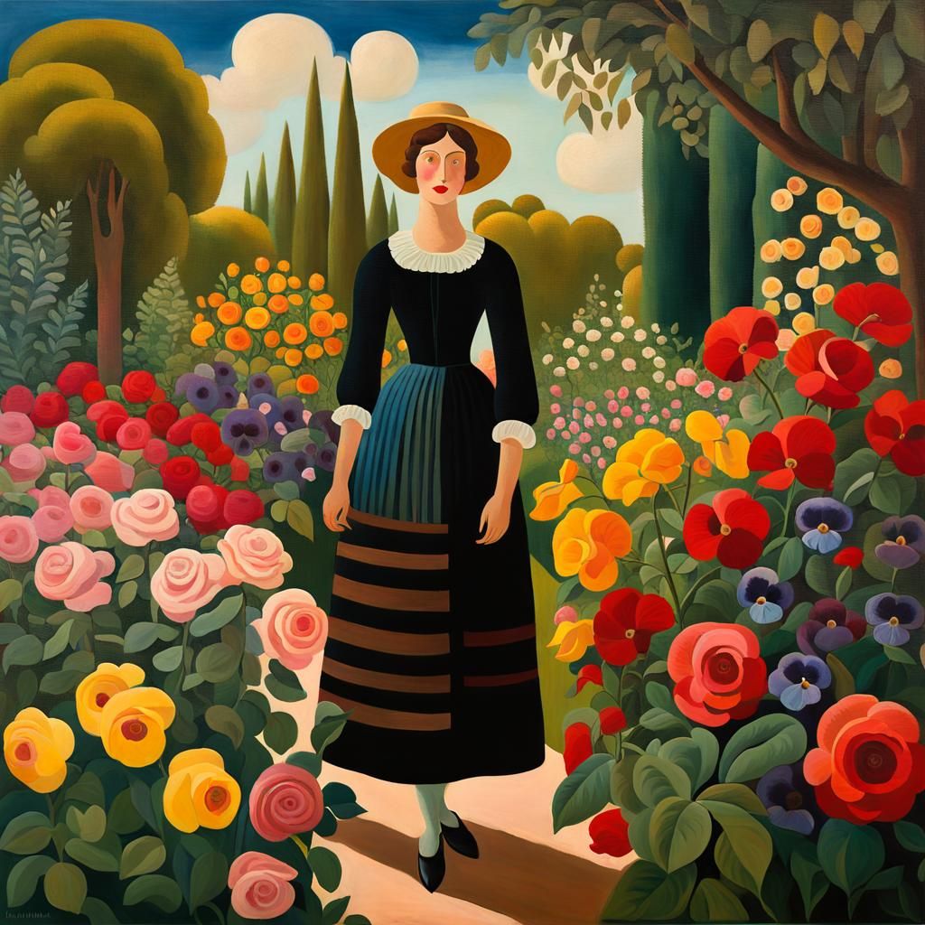 Naïve Art Woman in Whimsical Garden