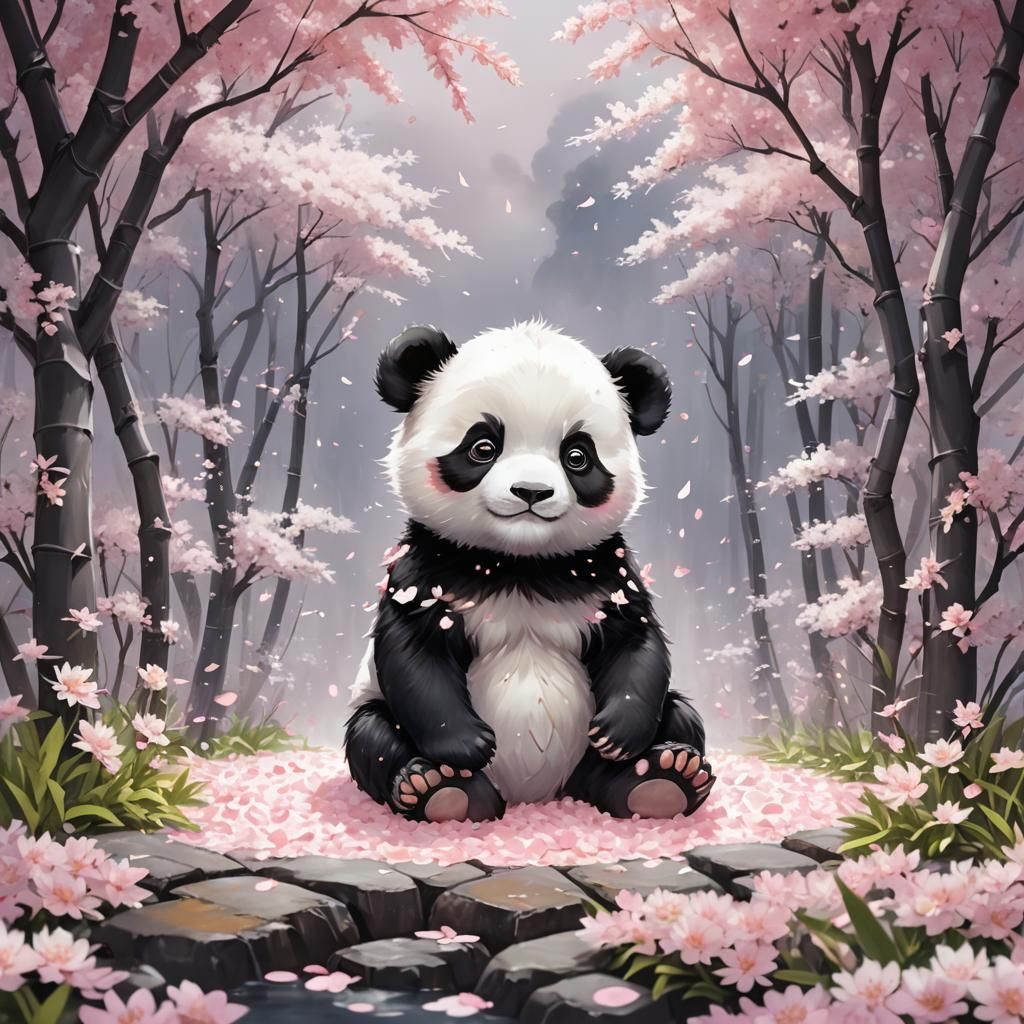 Panda Cub in Cherry Blossoms, Anime Style