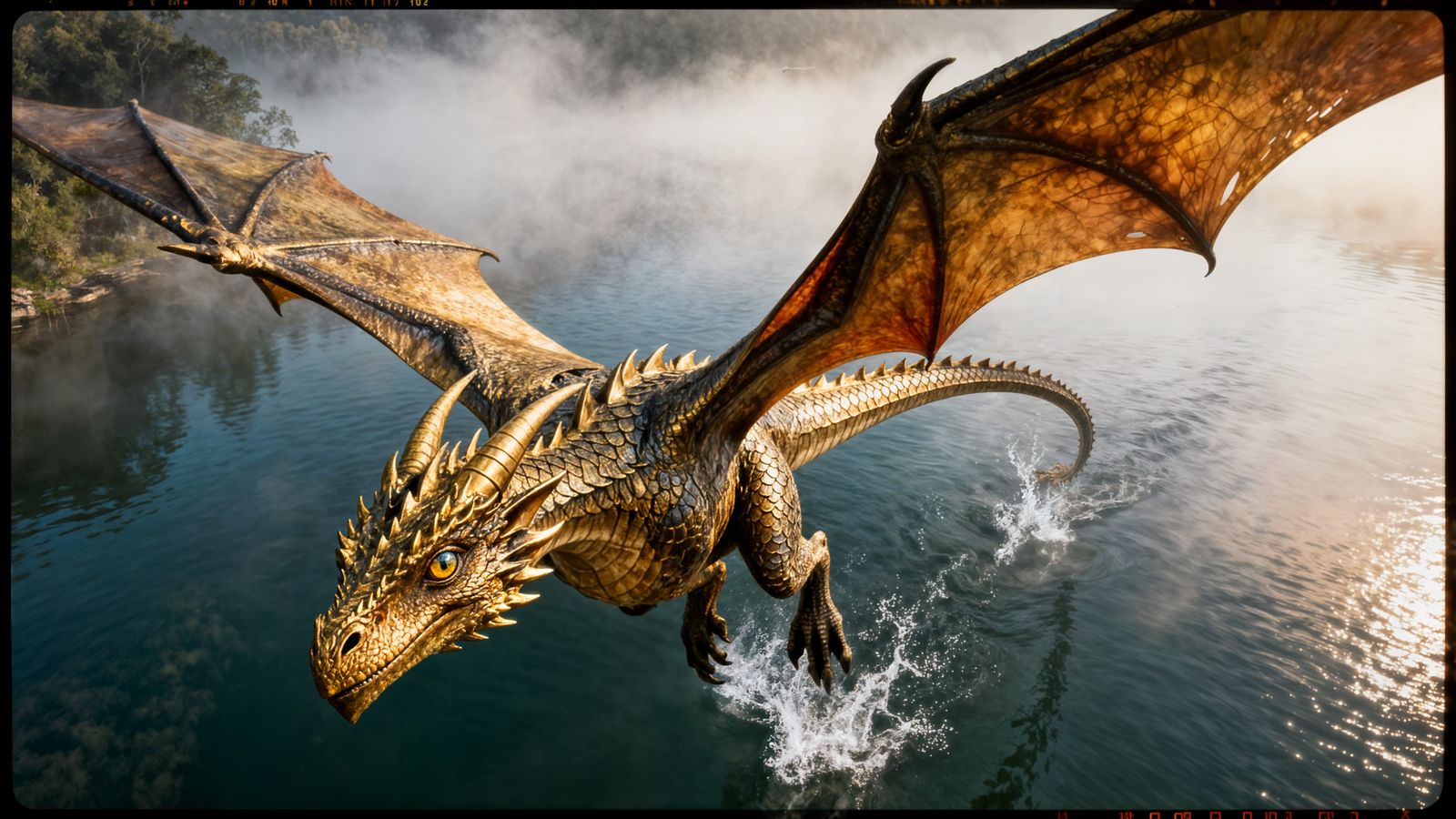 Brass Dragon Gliding Over Water in Foggy Morning