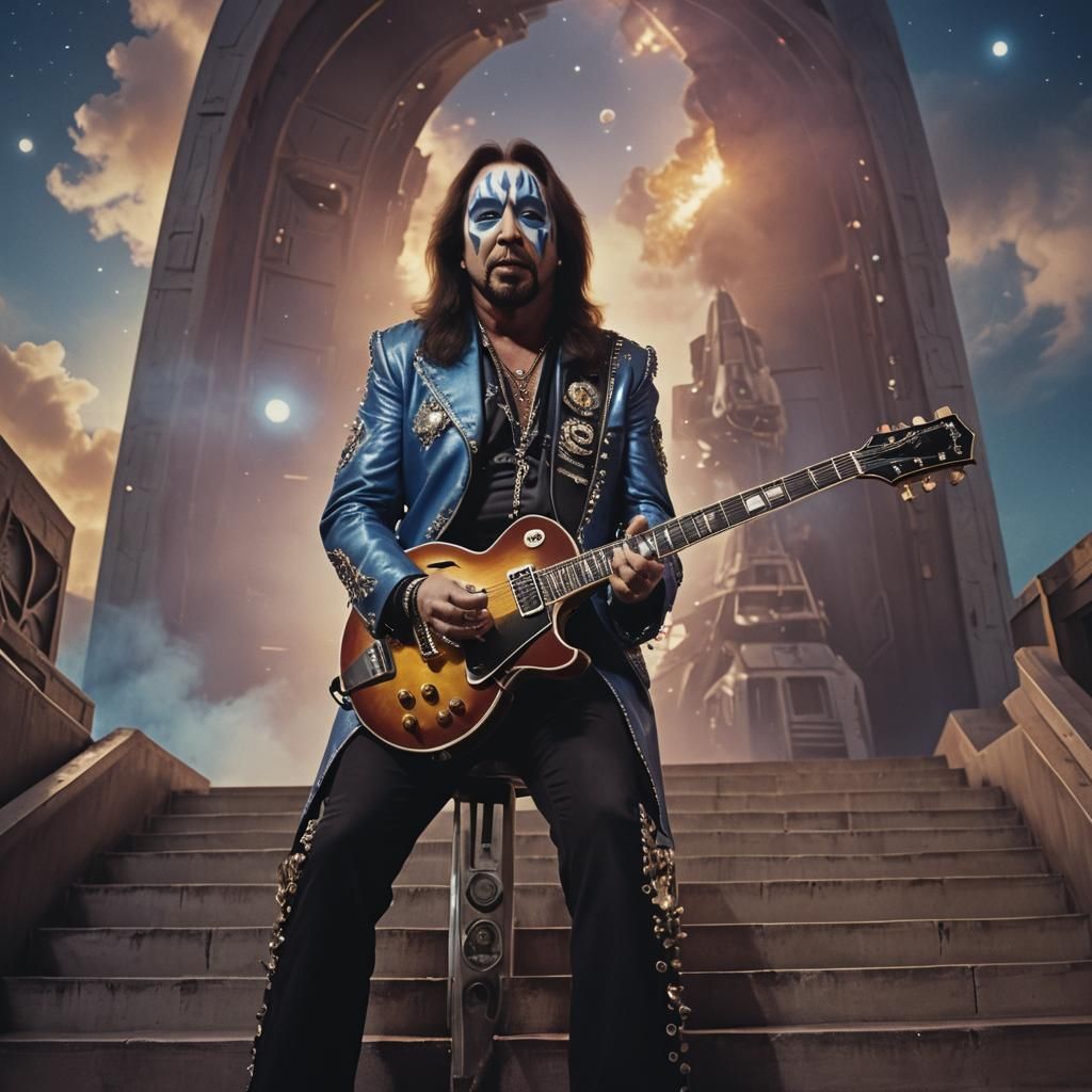 Rock Star Guitarist on Spaceship Steps, Cinematic Still