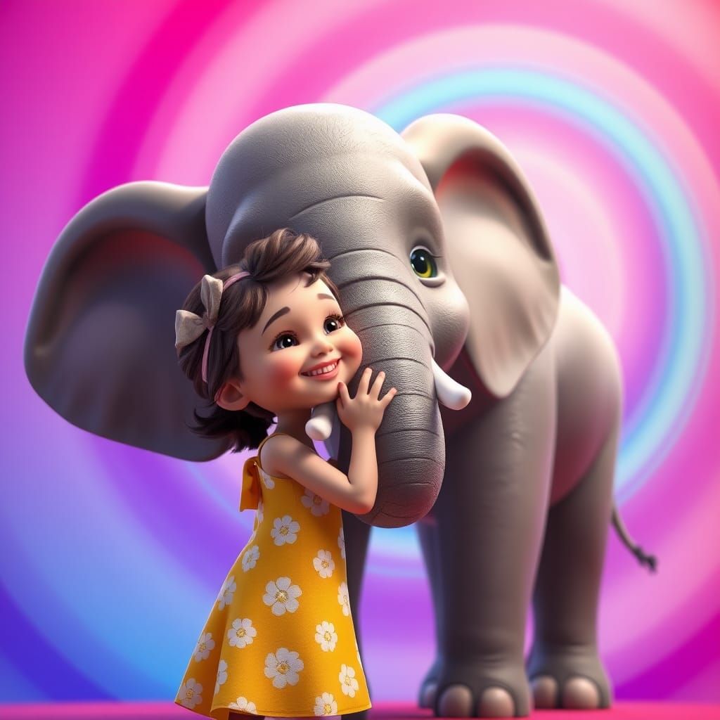 Girl Kisses Elephant in Pixar-Inspired 3D Art