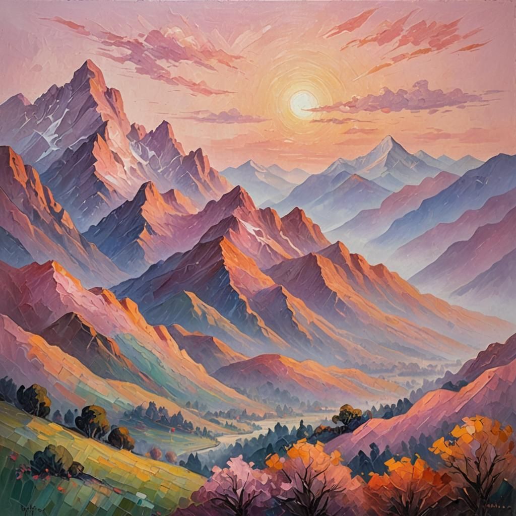 Neo-Impressionist Mountains Under Morning Light