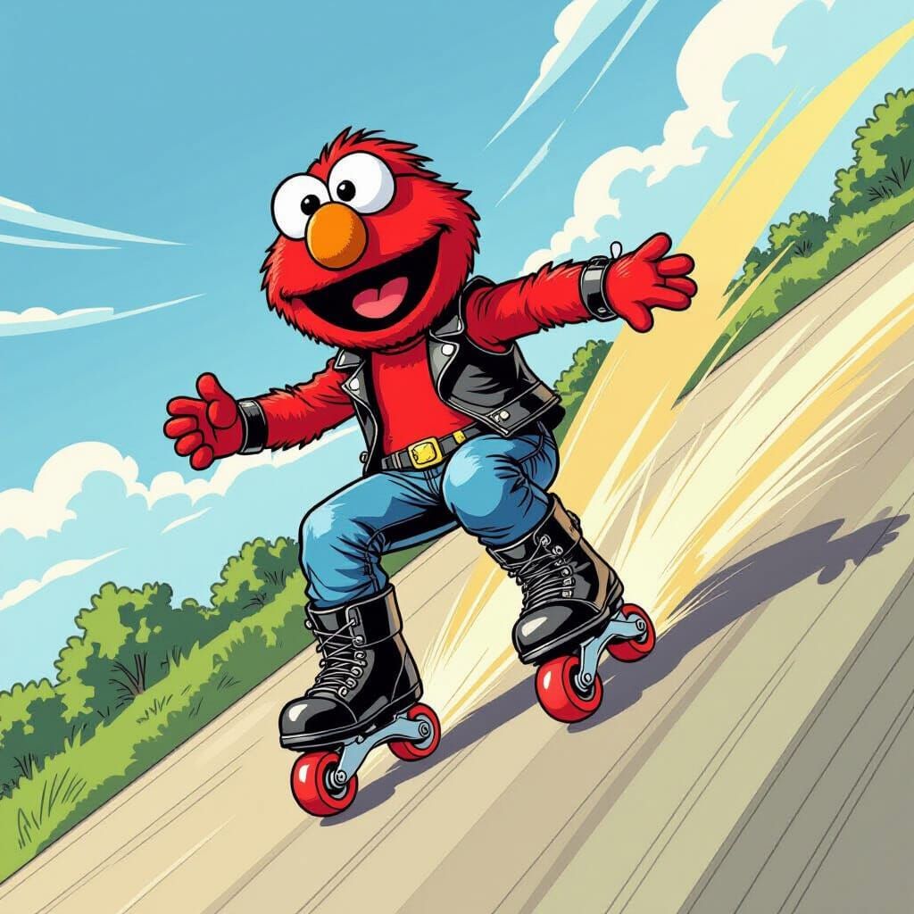 Elmo on Roller Skates in Comic Book Style