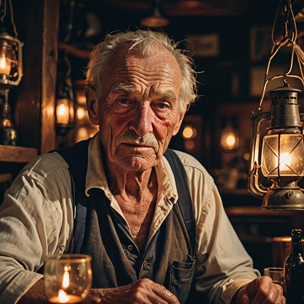 Elderly Sailor Drinking Wine in Dimly Lit Tavern
