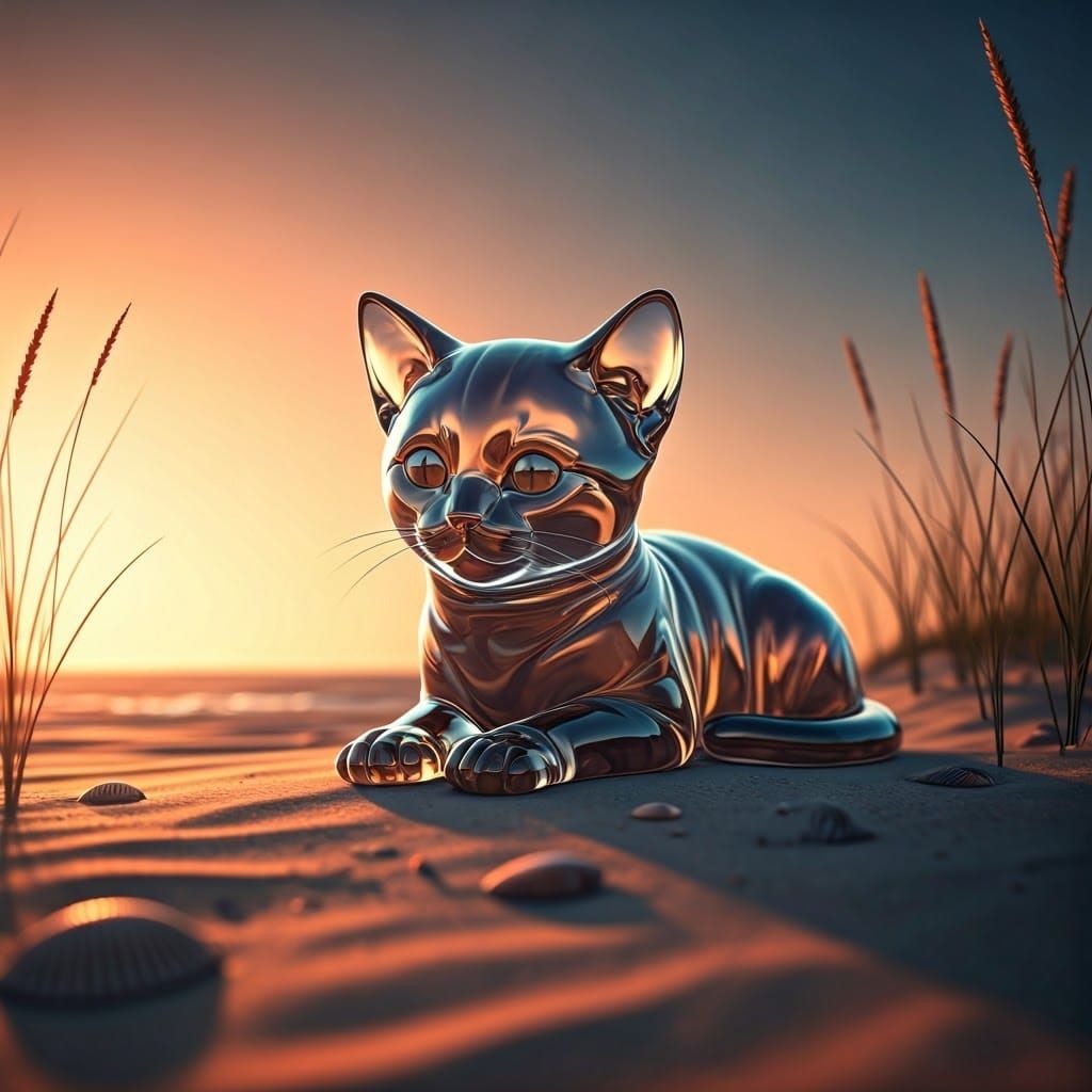 Glass Kitten on a Sunlit Beach: 3D Rendered Art