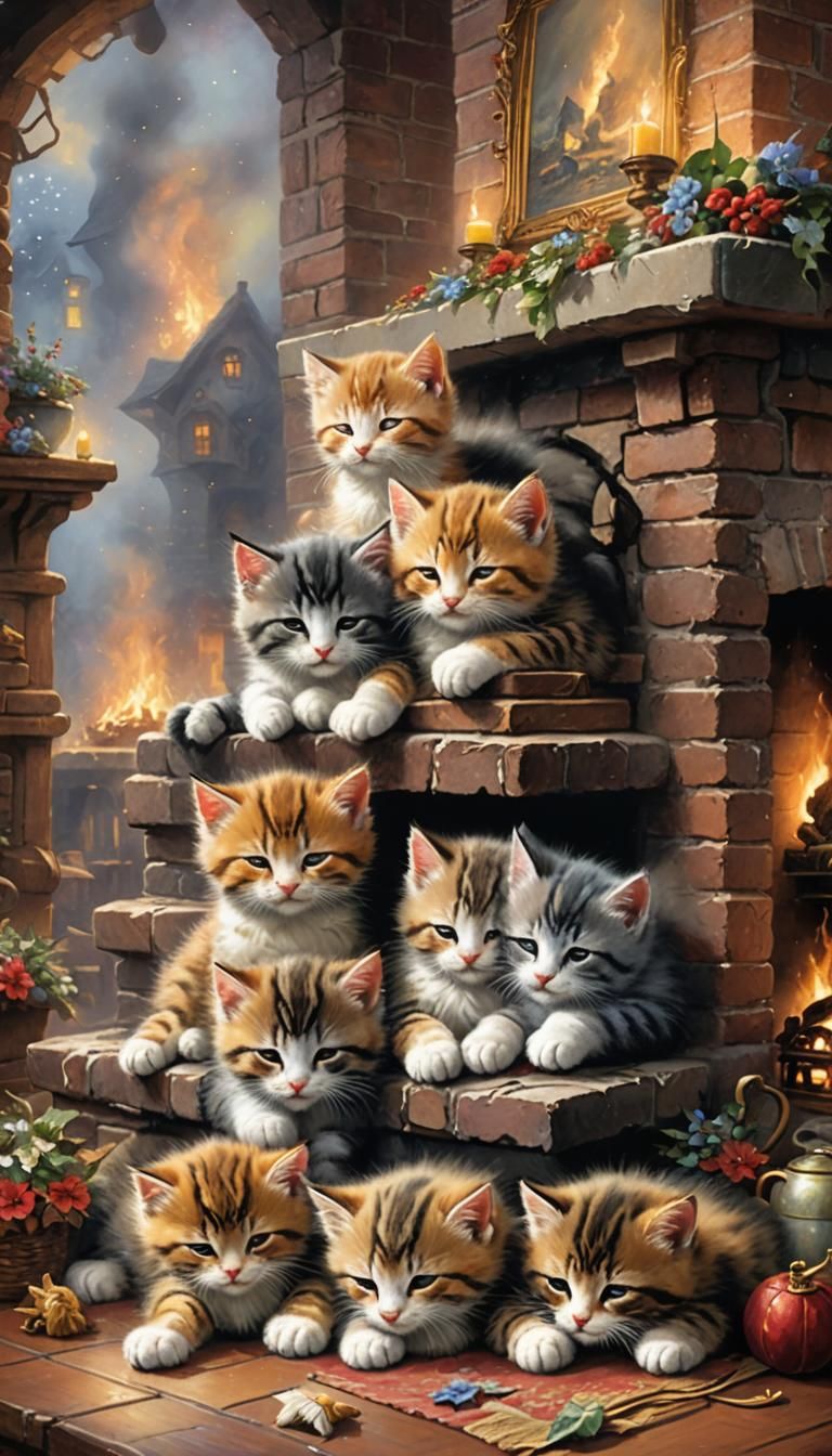 Kittens Sleeping by Fireplace in Ethereal Fantasy Style
