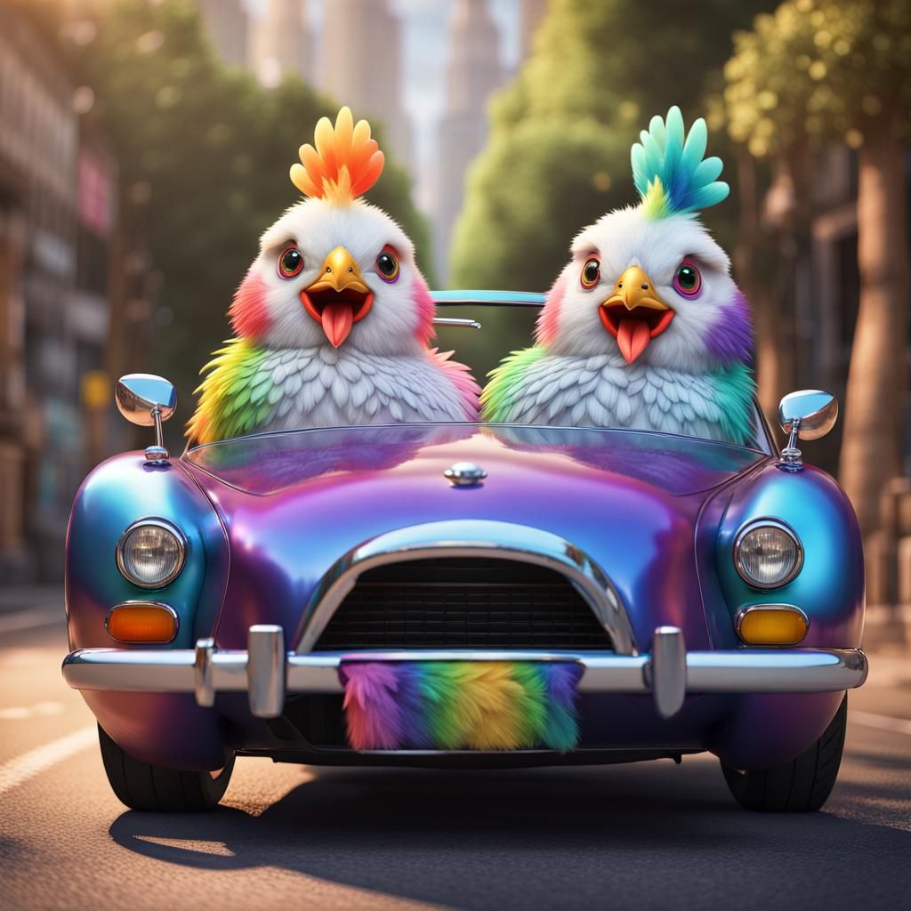 Rainbow Chickens in Sports Car, Anime 3D Render