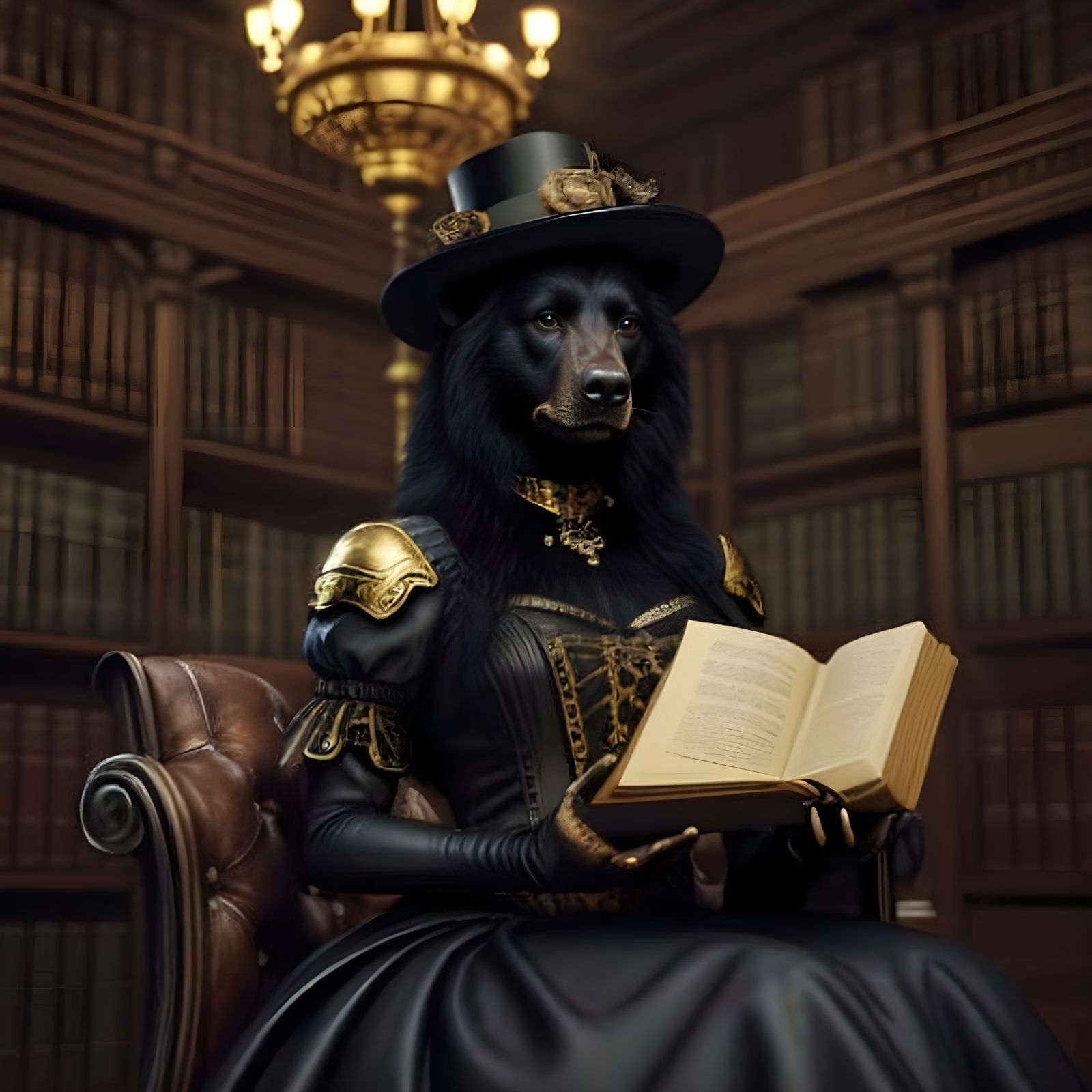 Steampunk Black Bear in Grand Library, Fantasy Art