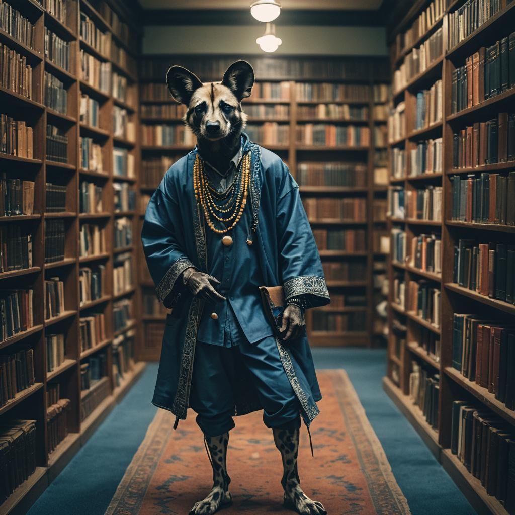 African Wild Dog Librarian in West African Attire
