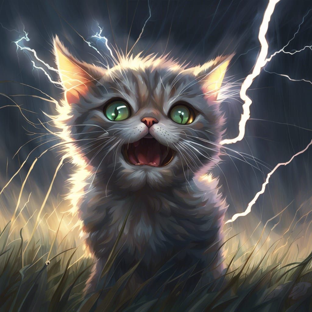 Shocked Electrified Cat Walks in Thunderstorm