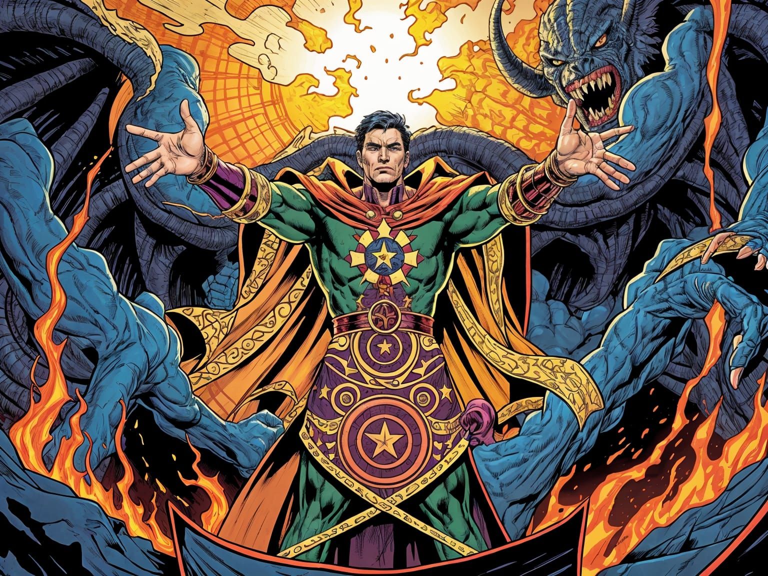 Sorcerer Superhero Battles Dark Forces in Comic Book Style