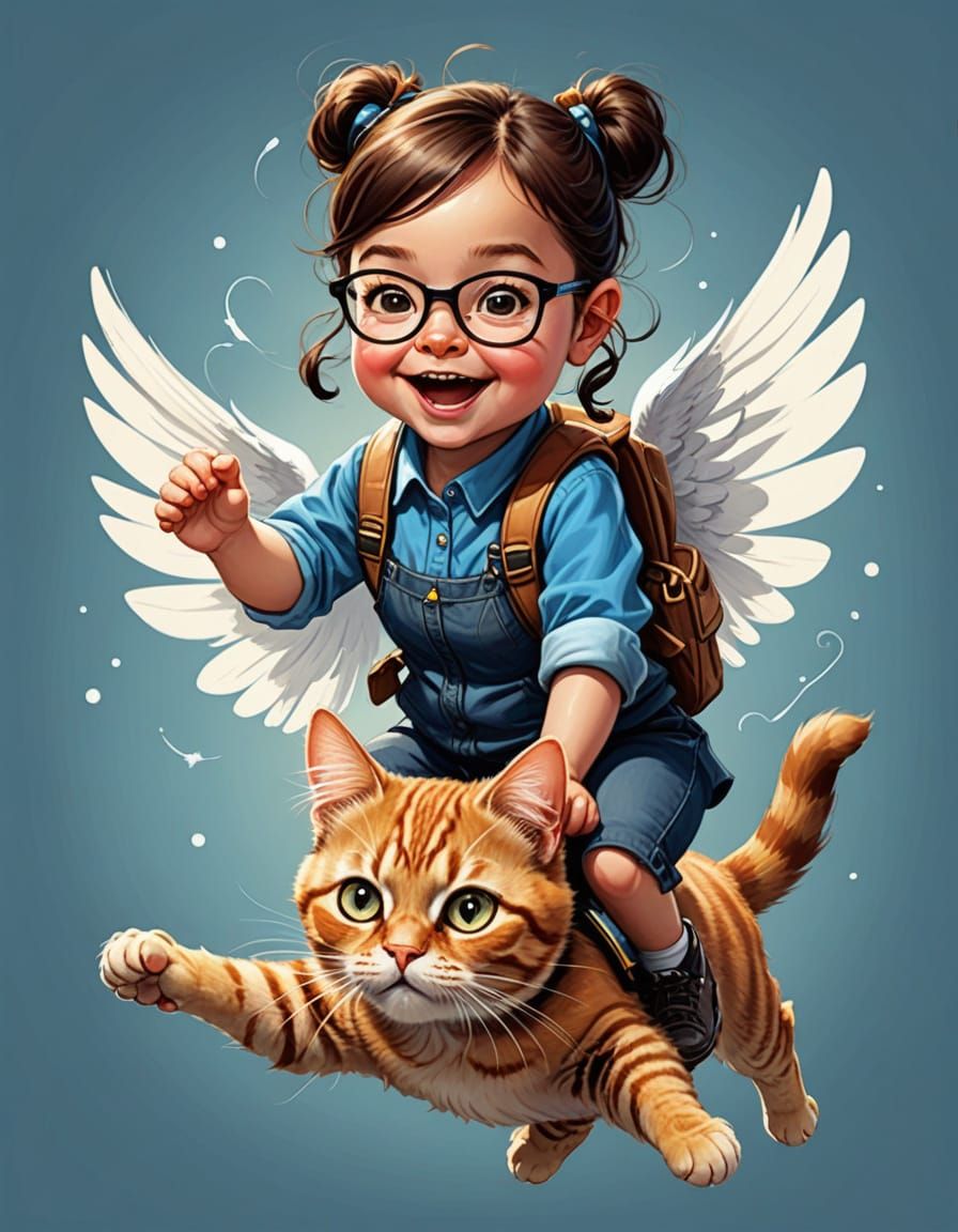 Cartoon Baby Girl Nerd Rides Flying Cat
