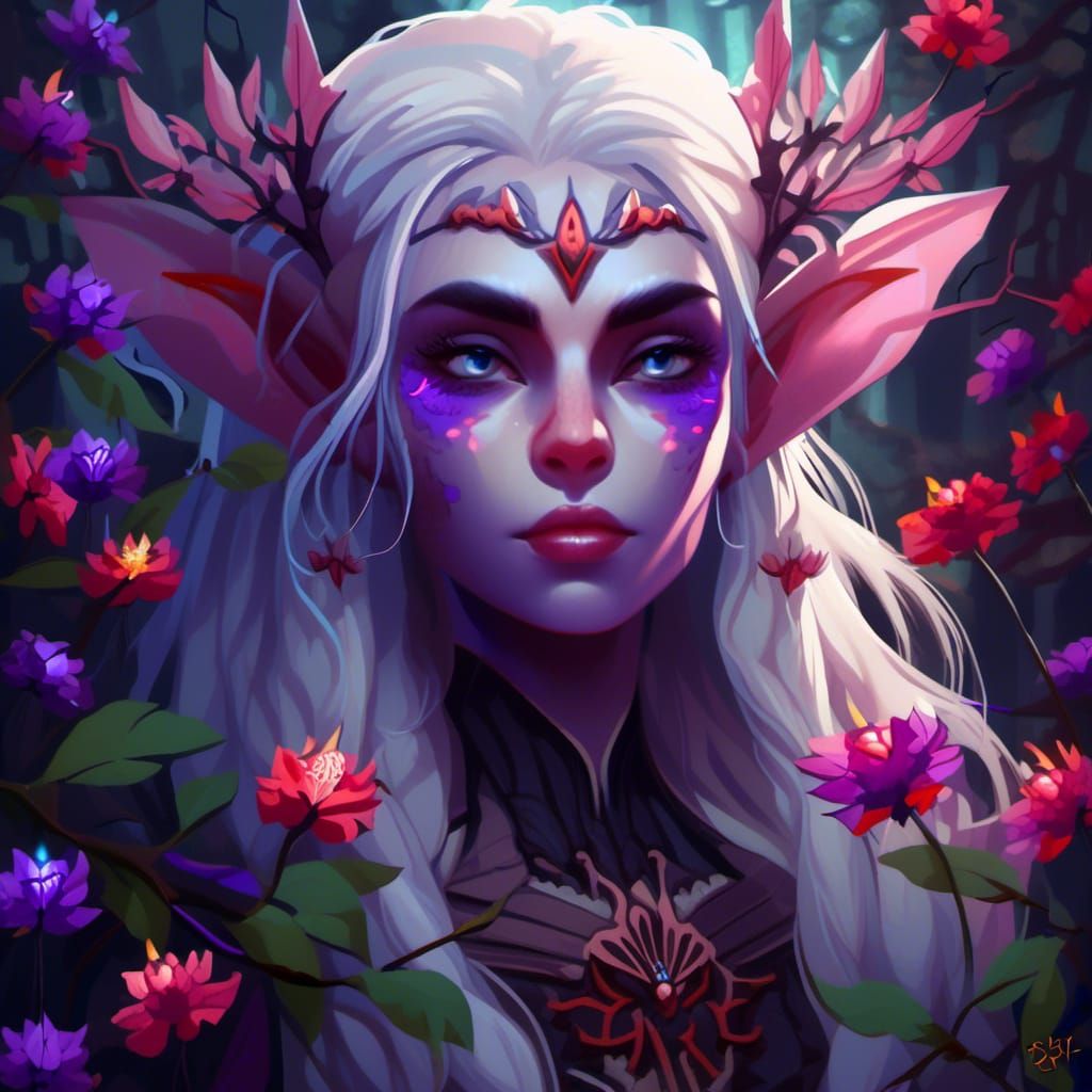 dark fantasy illustration, onyx-skinned female elf (glowing white hair:1.5) large expressive eyes, bioluminescent flower...