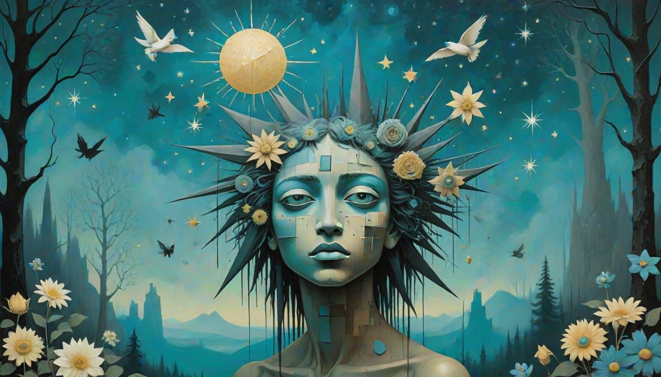 Turquoise Cubist Still Life with Fibonacci Spiral