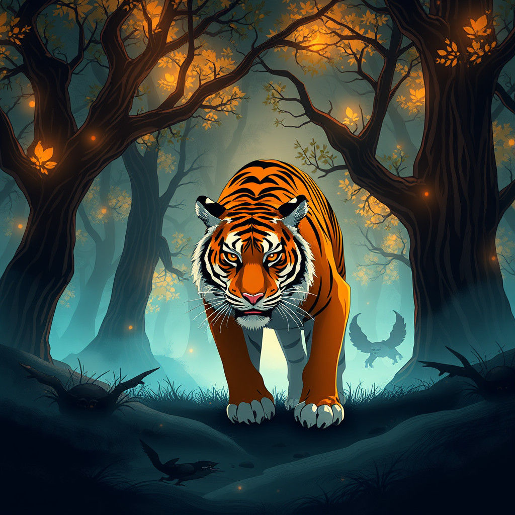 Majestic Tiger Stalks Mystical Forest in Anime Style