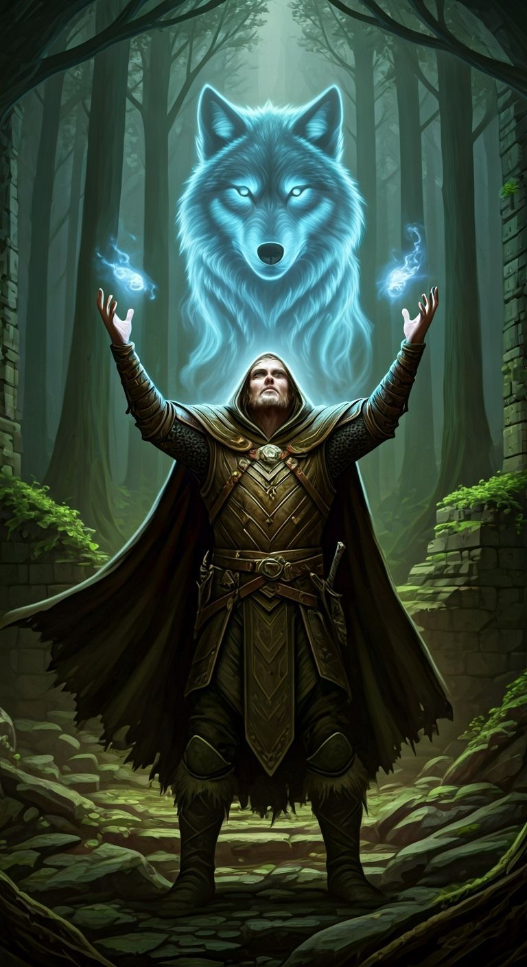 Druid Channels Wolf Spirit in Detailed Forest