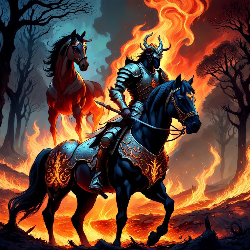 Armored Centaur Ready for Battle in Burning Landscape