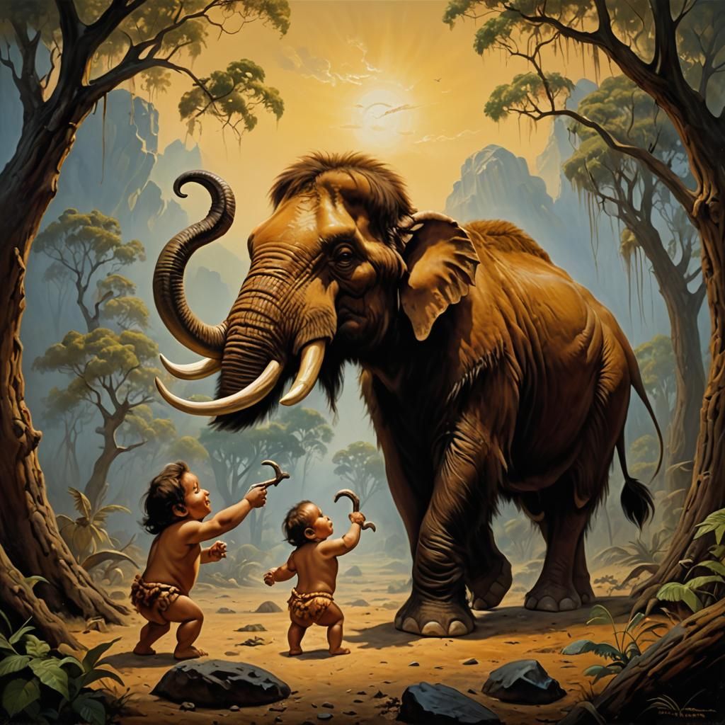 Caveman and Mammoth in Boris Vallejo Style