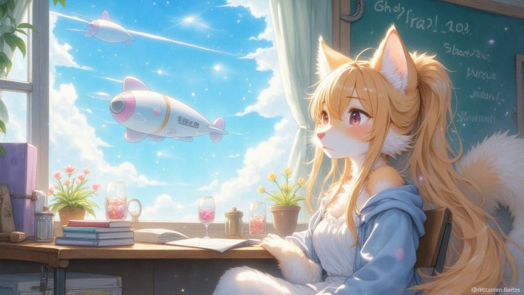 Chibi Anime Catgirl Gazing at Airship