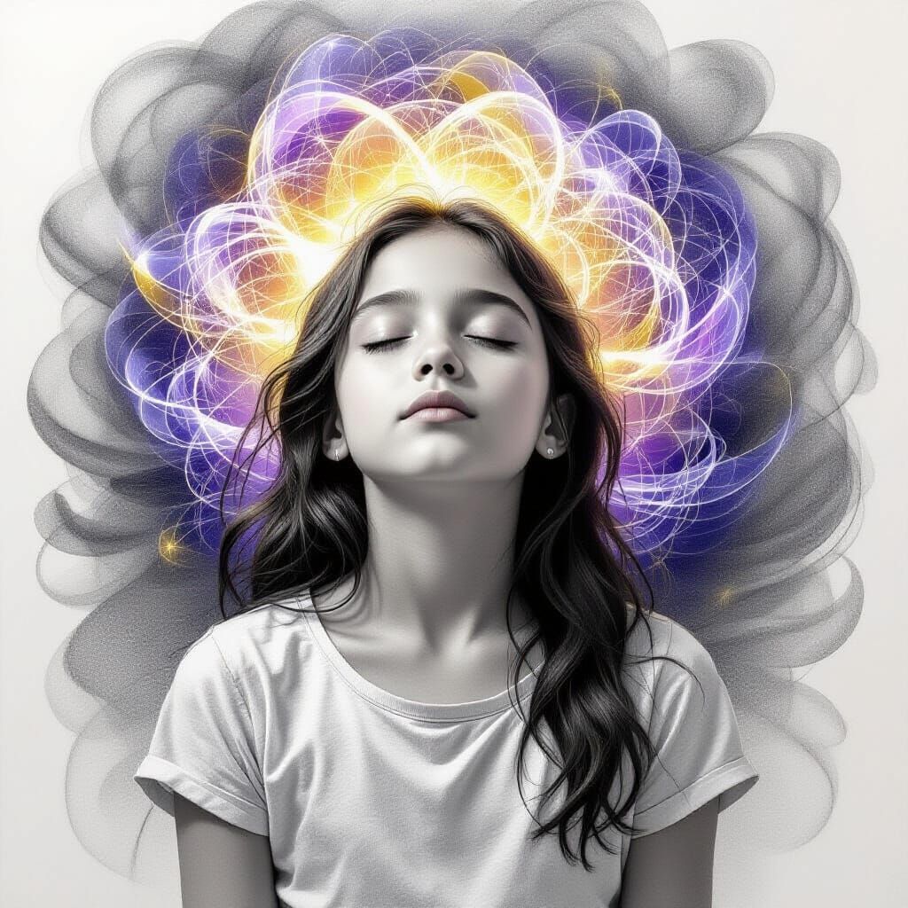 Pencil Drawing of Girl's Spiritual Awakening with Light Patt...
