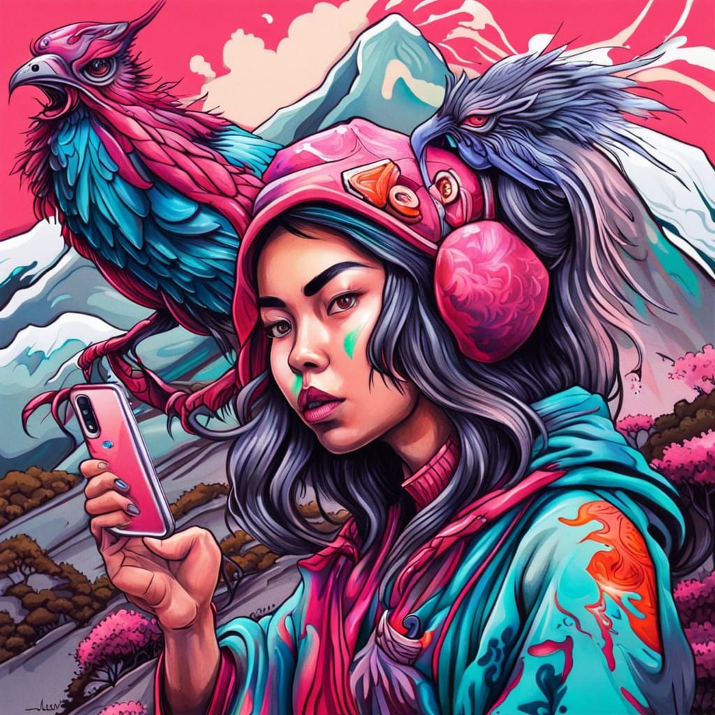 Tengu and Influencer Selfie in Art Nouveau Style