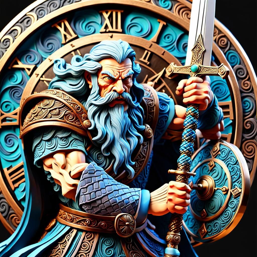 Father Time with sword and shield , claymation, sword, wave function, Zentangle, molding clay, acrylic, high contrast, c...