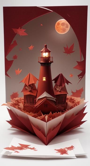 Victorian Gothic Lighthouse in Origami Style Under Blood Moo...