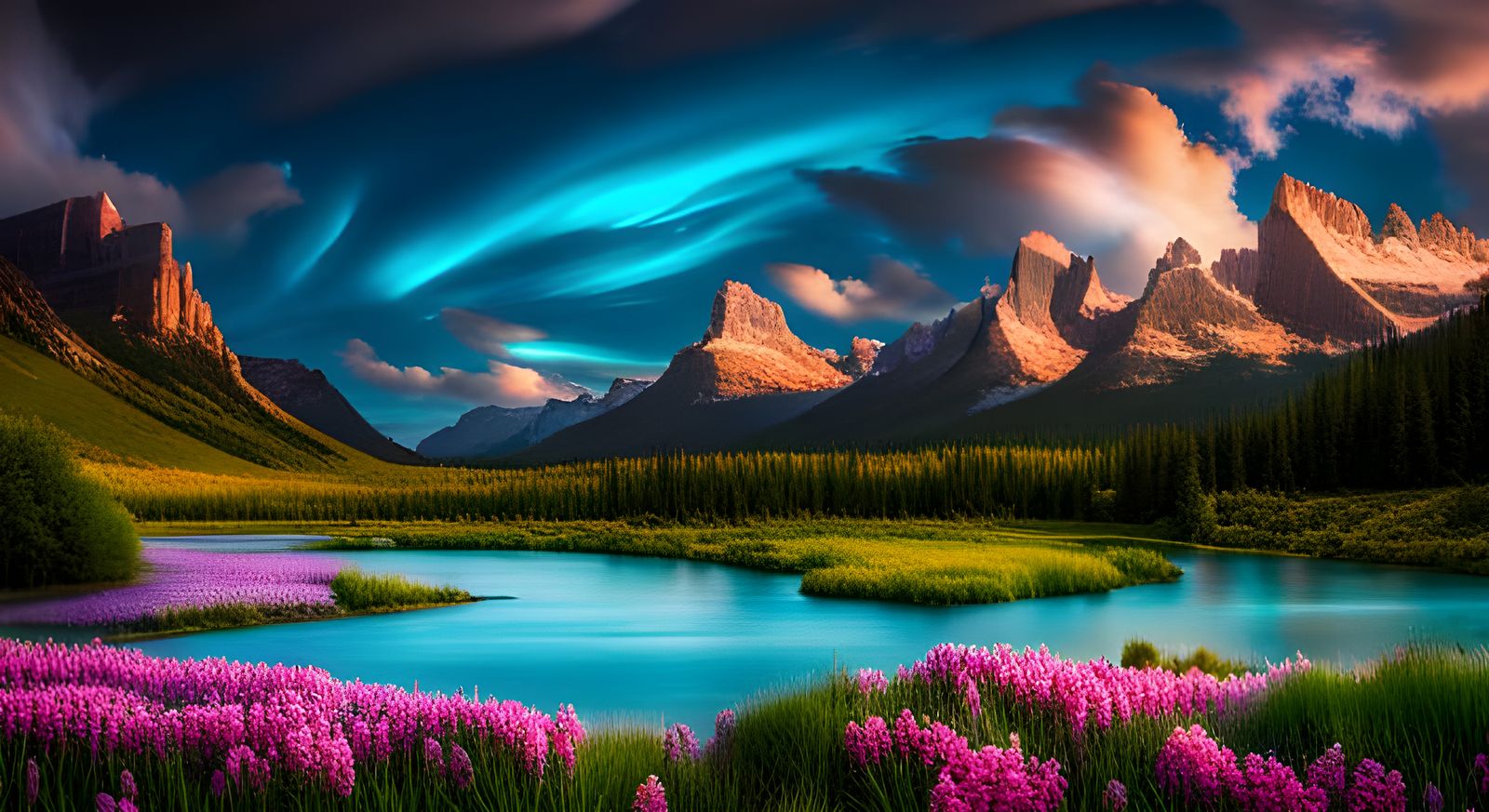 Enchanted Flower Meadow Under Night Sky