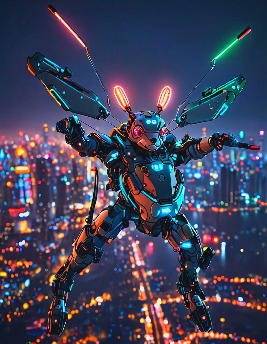 Cyborg Mouse Flying over Ningbo at Night
