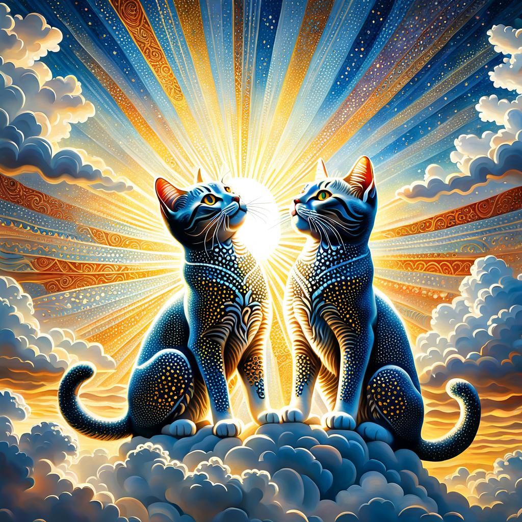 Dynamic Tribal Cats in Love: Pointillism 3D Render