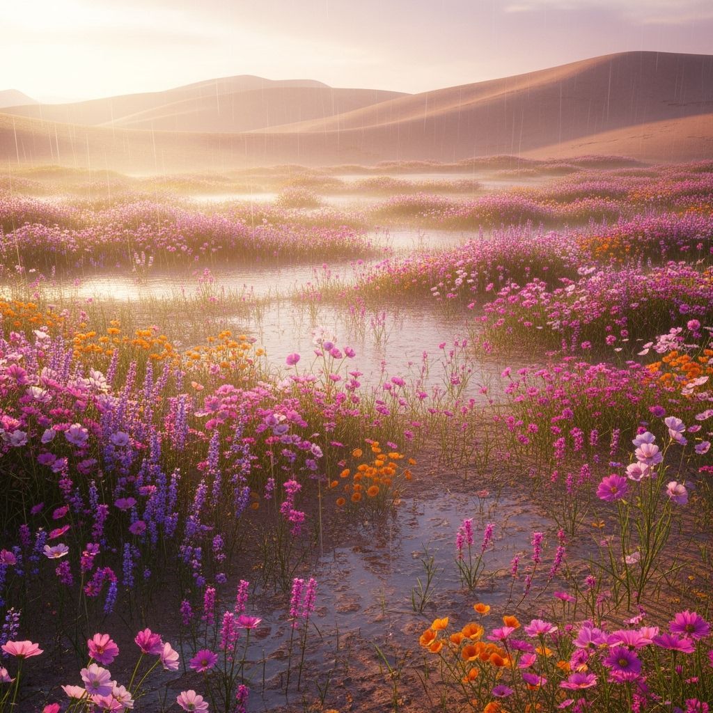 Summer rain in the desert. myriads of multicolor little flow...