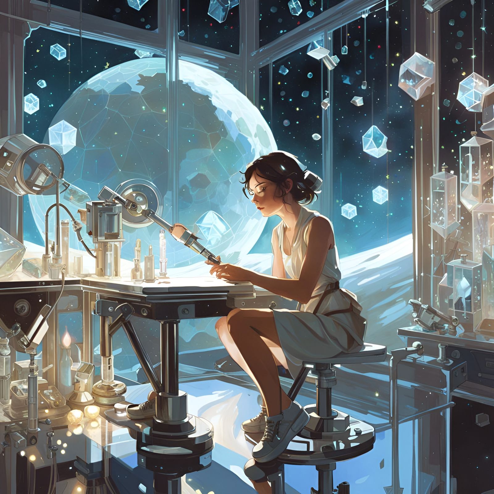 Futuristic Crystal Science Lab on the Moon