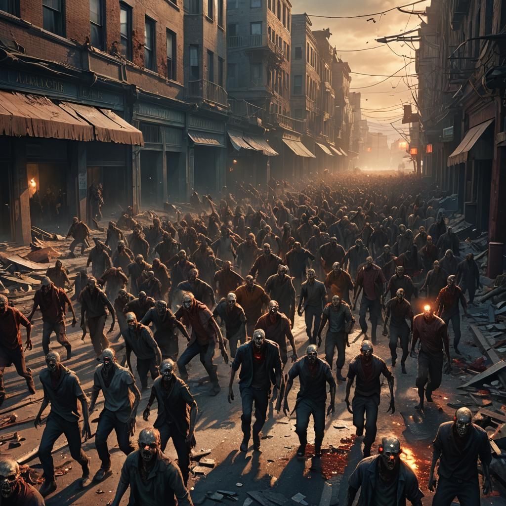 Zombie Horde Overrunning Abandoned City: Grimdark Concept Ar...