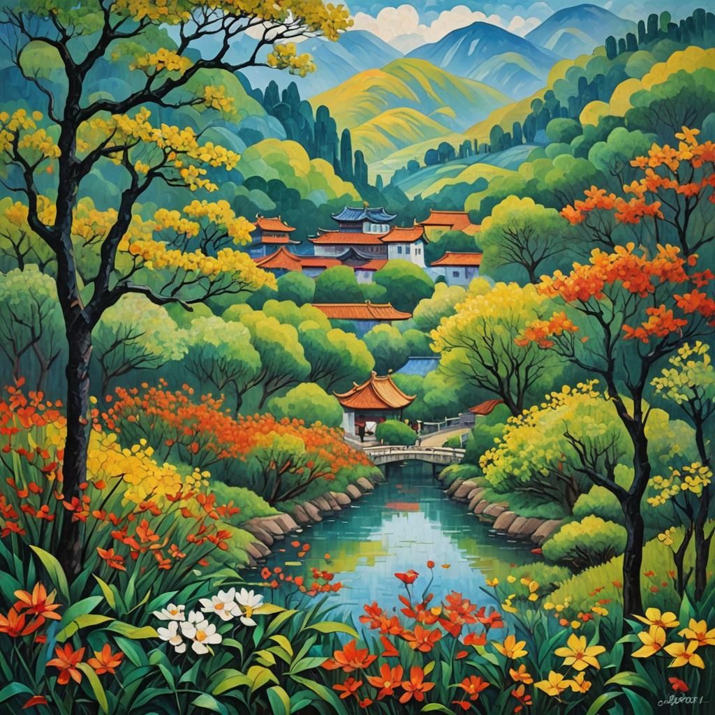 Chinese Landscape in Expressionist Impasto Style