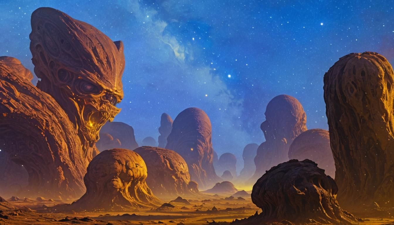 Alien Landscape with Yellow Sky and Stars