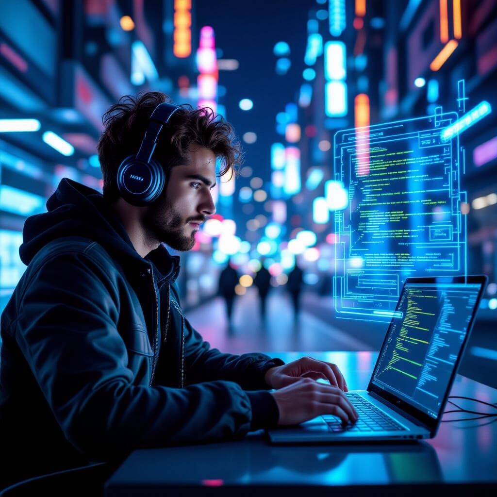 Cyberpunk Software Developer Coding with Neon Lights