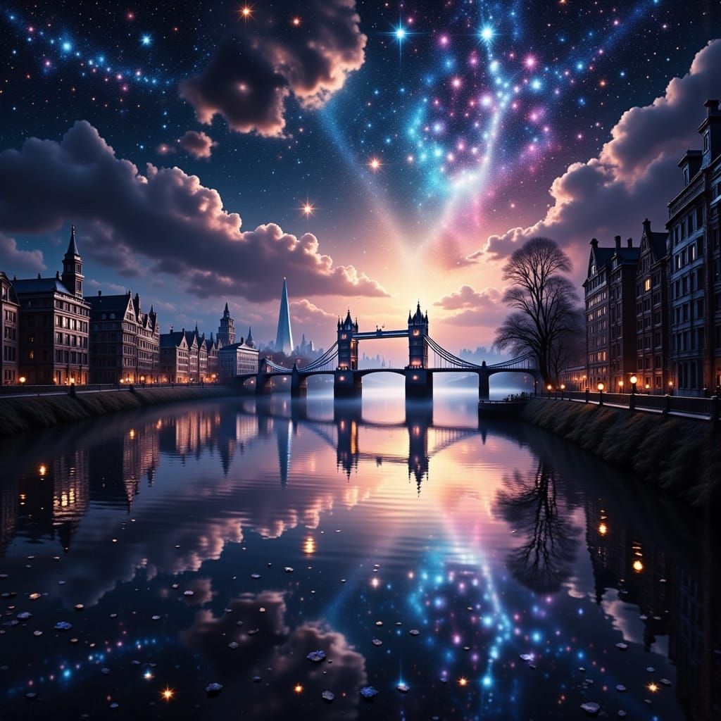 London Bridge at Night Under Cosmic Sky