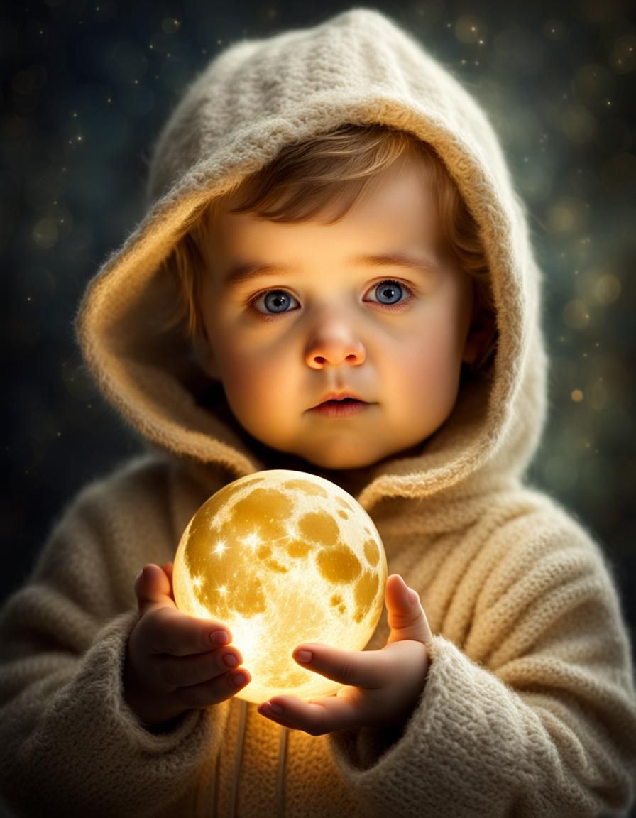 Toddler with Toy Moon in Photoluminescent Art