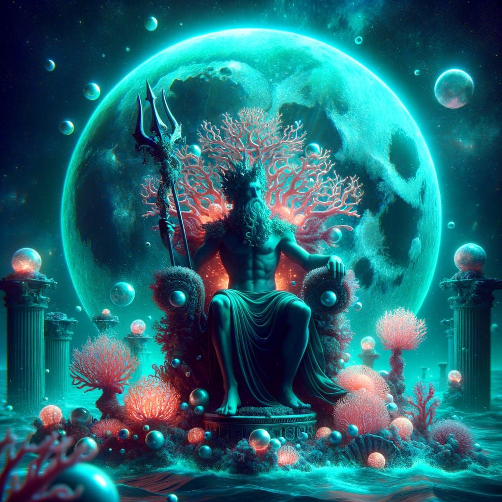 Neptune on Coral Throne Under Aquamarine Moon