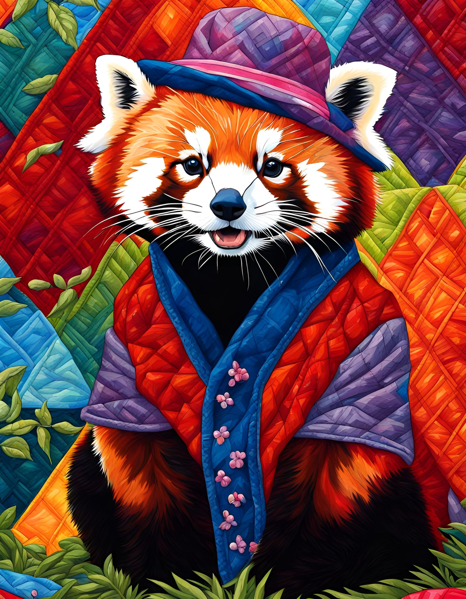 Red Panda in Hat Quilt, Vivid Colors