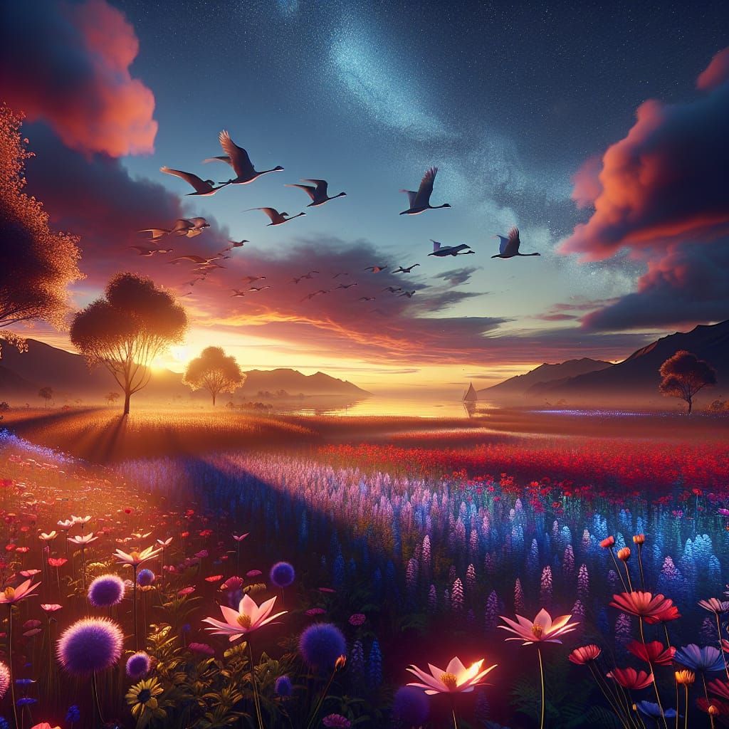 Enchanted Flower Fields at Dusk in Digital Art Style