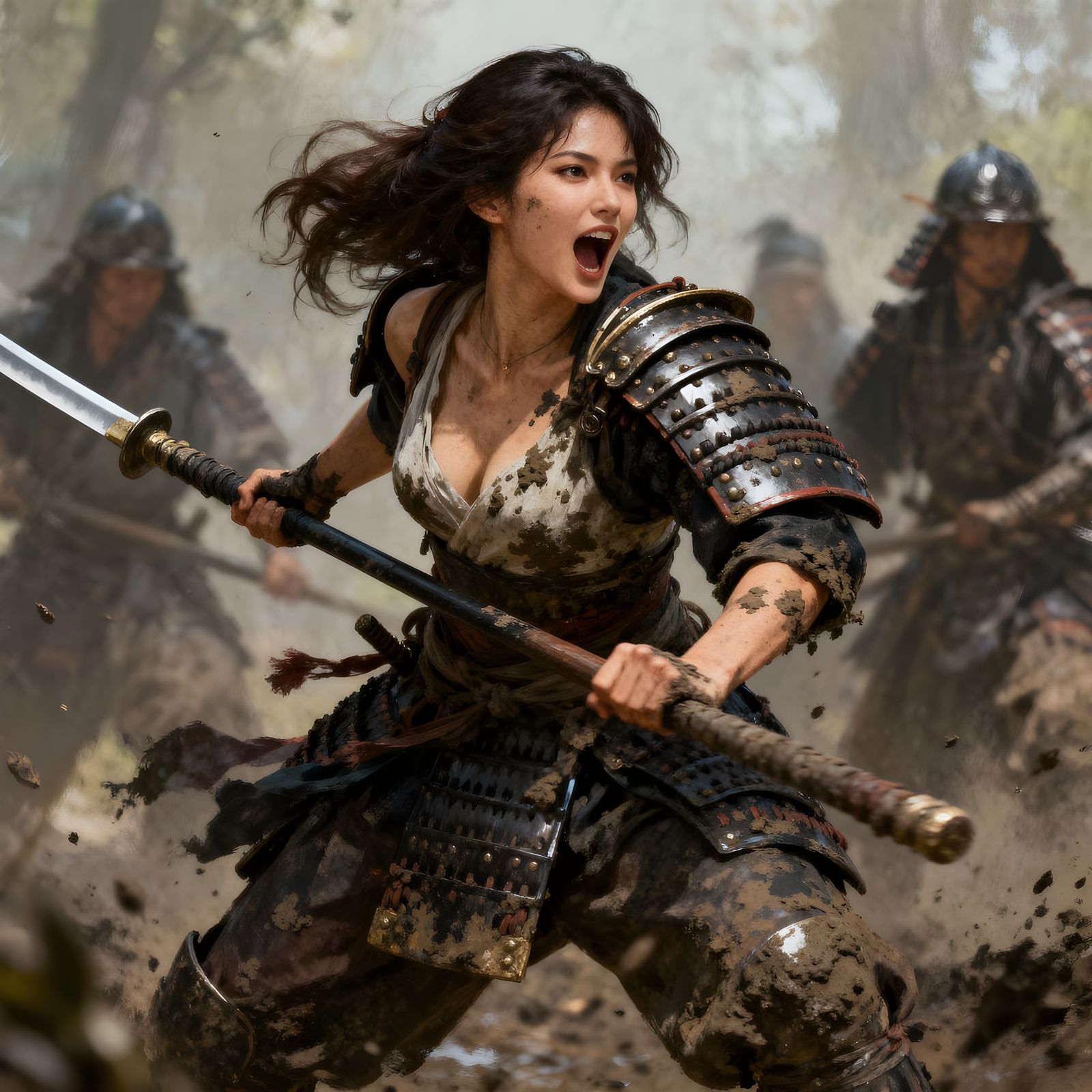 Muscular Warrior Woman Charges Forward With Naginata