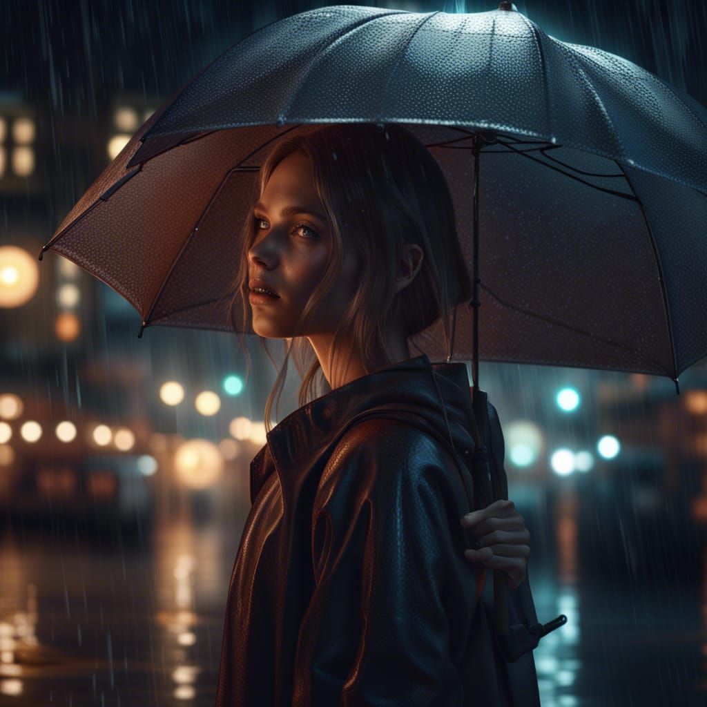 Girl in Rain with Umbrella: Matte Painting