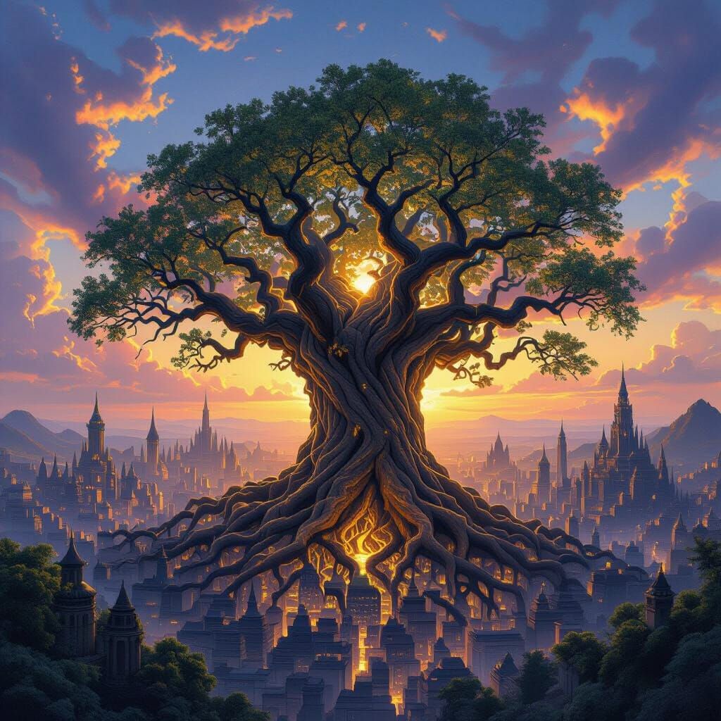 Colossal Tree Roots Enveloping Cities Under Dual Suns