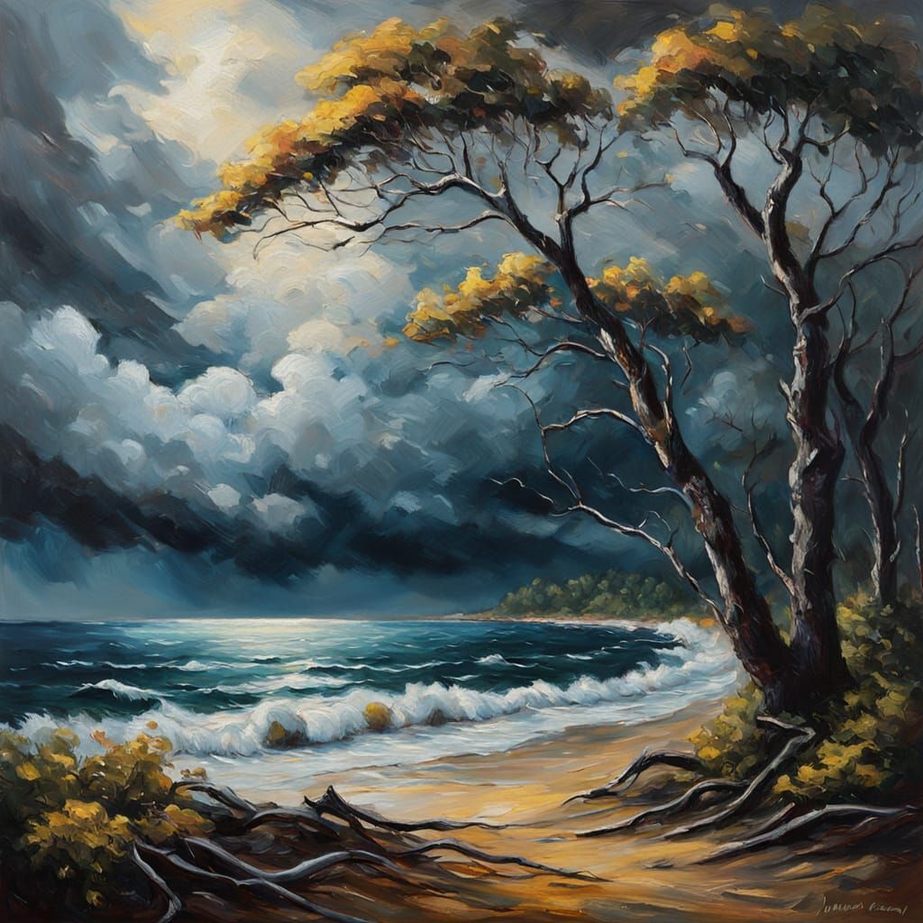 Dramatic Oil Painting of Trees Bending Near Sea