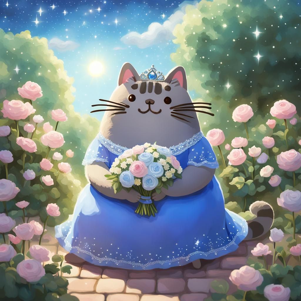 Pusheen in Blue Gown Gazing at Starry Sky