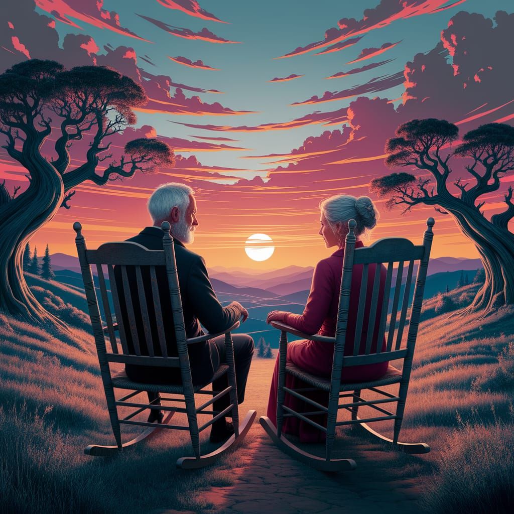 Elderly Couple Silhouetted Against Fiery Sunset